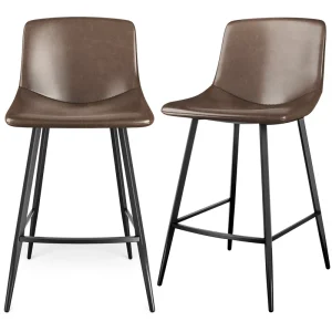 Vintage PU Leather Bar Stool 600LBS Load 24″ Seat Height Sturdy Steel Frame Non Slip Feet Water Resistant Dining Hotel Use