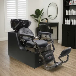 Vintage Reclining Shampoo Chair with Black Leather and Footrest for Barber Shop Hair Washing and Grooming Station