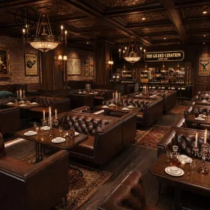 Vintage Restaurant Set Wood Table Brown Tufted Leather Upholstered Booth Seating Bar Stools Commercial Furniture Booth