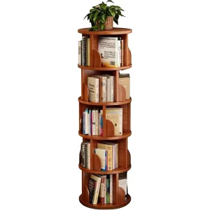 Vintage Rustic Wood Rotating Adjustable Floor Standing Bookshelf 5 Tier Spinning Storage Rack Home Office Bathroom Book