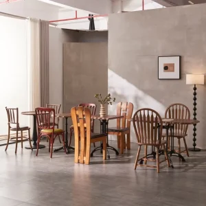Vintage Solid Rubberwood Dining Chair with Leather Cushion for Hotel Restaurant Cafe Commercial Use