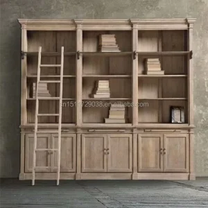 Vintage Solid Wood Bookcase with Ladder American Library Bookshelf with Storage Cabinets Tall Display Shelf for Home Office