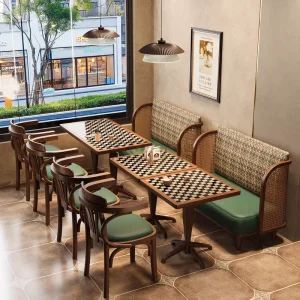 Vintage Solid Wood Traditional Farmhouse Plaid Style Dining Table Chair Set for Restaurant Coffee Shop Leisure & Card Room Use