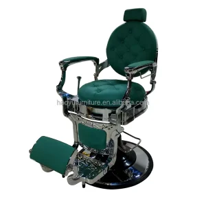 Vintage Style Barber Chair Green Leather Barber Chair Silver Frame Hair Salon Chair