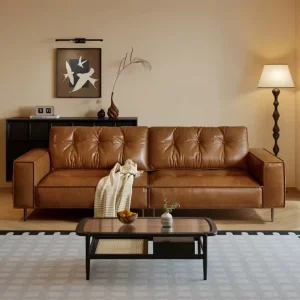 Vintage Style Classic Sectional Sofa Coffee Brown Square Armrest Genuine Leather Solid Wood