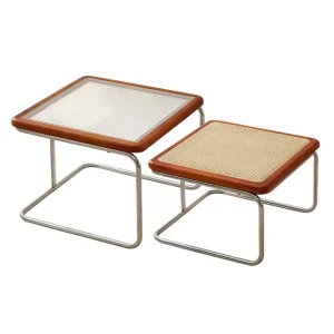 Vintage Style Durable Wabi sabi Japanese Light Luxury Home Small Apartment Rattan Mother Child Coffee Table with Glass Top