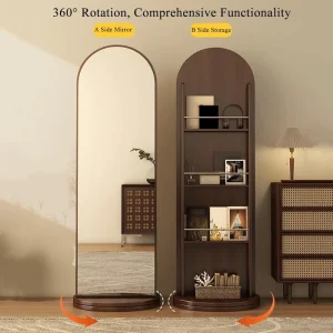 Vintage Style Large Floor Standing Arched Mirror with Storage Racks for Bedroom Rotating Full Length Mirror with Magazine Rack