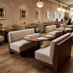 Vintage Style Restaurant Booths and Tables Set Woven Fabric Lounge Bench Fluted Wood Base Coffee Table for Cafeteria Bistro