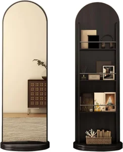 Vintage Style Rotating Full-Length Mirror with Magazine Rack Large Floor Standing Arched Mirror with Storage Racks for Bedroom