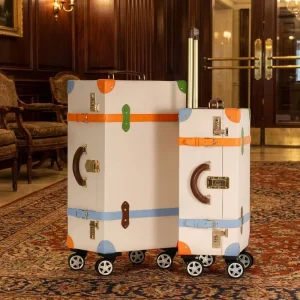 Vintage Trunk Luggage Set PU Leather Handmade Travel Suitcase with Gold Hardware Silent 360 degree Rotating Wheels