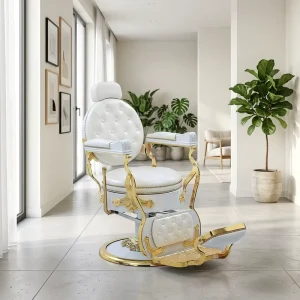 Vintage White Gold Tufted Hydraulic Barber Chair Full Reclining Adjustable Footrest Luxury Salon Furniture for Barbershop