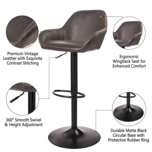 Vintage Wingback Leather Bar Chair Metal Base with Contrast Stitching Matte Black Height Adjustable Swivel