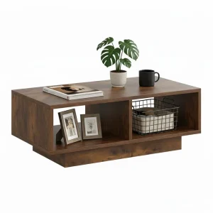 Vintage Wood Rectangular Coffee Table with 2 Open Storage Shelves Modern Sofa Side Table for Living Room Bedroom Rustic Brown