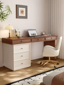 Vintage style Solid Wood Desk for Home Use in Small Apartments Bedroom Study Writing Desk Computer Desk Cream colored