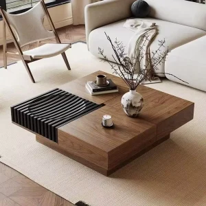Vintage-style Walnut Wood Modern Nordic Storage Coffee Table Living Room Furniture Home Use Square Shape