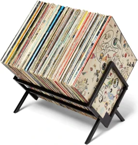 Vinyl Record Storage Rack Wood+Iron Foldable Multifunctional Quick with Divider Support Bar