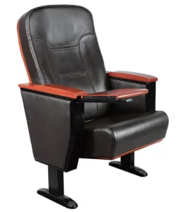 Vinyl Upholstered Auditorium Chair with Ergonomic Backrest Wood Grain Trim Flip Down Writing Desk and Solid Side Panel