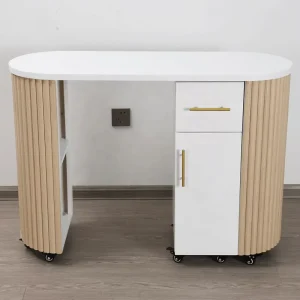 W MC 91 Modern Portable Manicure Chair with Wooden Fluted Design Nail Table and Storage Wheels