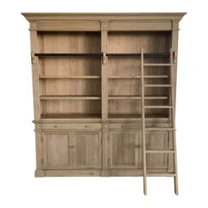 W5811S French Antique Design Home House Library Large Solid Oak Wood Large Bookshelf Bookcase Wooden Book Shelf with Ladder