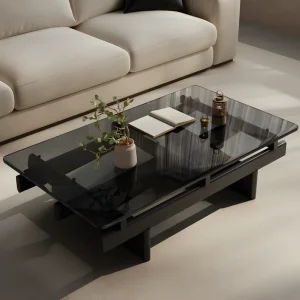 Wabi Sabi Black Tempered Glass Coffee Table Minimalist Designer Solid Wood Tea Table for Living Room