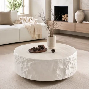 Wabi Sabi Natural Stone Look Round Drum Fiberglass Coffee Table Living Room Furniture