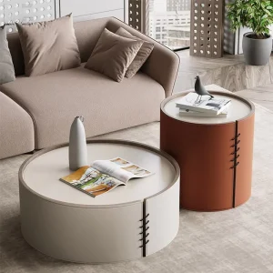 Wabi Sabi Nordic Modern Living Room Sintered Stone Solid Leather Round Nesting Coffee Table with Side Table