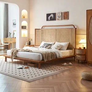 Wabi Sabi Style Eco Friendly Solid Wood Natural Rattan Beds Frame Bedroom Furniture King Size Double Bed & Queen Bed for Hotels