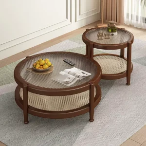 Wabi Sabi Style Solid Wood Rattan Woven Modern Nordic Japanese Coffee Table Set with Glass Top for Living Room Furniture