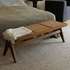 Wabi-sabi-style Long Bench Solid Wood Rattan Finish Mortise-and-tenon Joint Living Room Entryway Shoe-changing Stool Bed-end