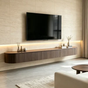 Wall Mount Curved Walnut Floating TV Cabinet Hidden Storage Media Console for Modern Living Room