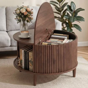 Walnut 31.5 Inch Round Coffee Table Fluted Design Sliding Door Storage Mid Century Modern Living Room Office Table