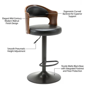 Walnut Bar Chair Metal Base Leather Seat Mid Century Modern Design Smooth Pneumatic Height Adjustable Swivel Counter Stool