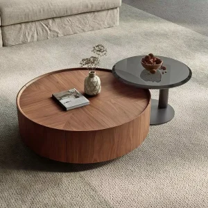 Walnut Bark Wood Frame Metal Base Round Coffee Table Modern Simple Living Room Storage Coffee Table Glass Side Table