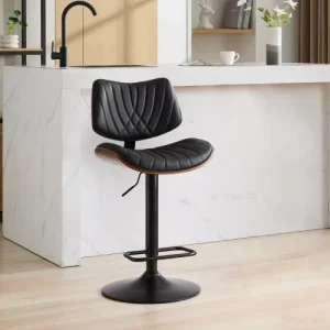 Walnut Bentwood Bar Stools Mid Century Modern Adjustable Counter Height Black Leather Upholstered 360 Swivel Bar Chairs