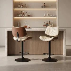 Walnut Bentwood Leather Upholstered Adjustable Counter Height 360 Swivel Traditional Hotel Commercial Use Bar Stools Dining