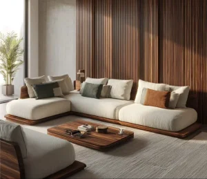 Walnut Colored Wabi Sabi Modern Style Three Seat Sectional Sofa Bed Set Luxury Velvet Fabric Wooden Living Hotel