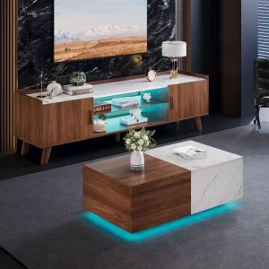 Walnut Lift Top Led Coffee Table Extendable LED Entertainment Center with Power Outlets Hidden Storage for Living Room