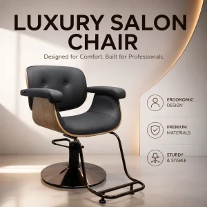 Walnut Pink Salon Styling Chair Hydraulic Barber Chair with Round Base Footrest Wood Side Panels