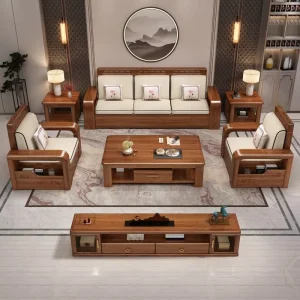 Walnut Solid Wood Living Room Sofa Combination Chinese Style High Box Storage Wooden Sofa Set