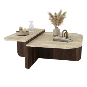Walnut Travertine Look Set of 2 Sofa Table Living Room Wood Coffee Table with Rounded Edges