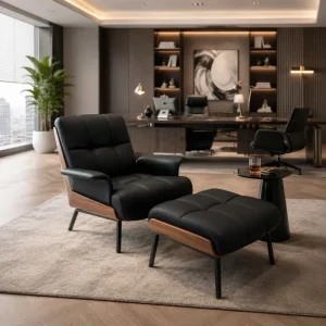 Walnut Wood Frame Embossed Leather Lounge Chair with Footrest Suitable for Hotel and Office Projects