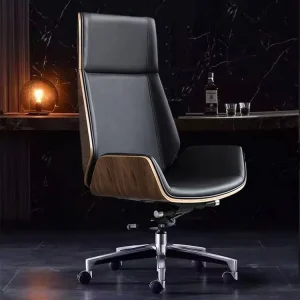 Walnut Wood Shell Black Leather High Back Swivel Executive Office Chair