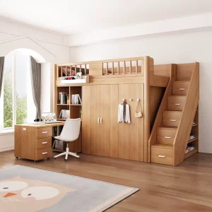 Wardrobe Stairs Storage Modern Solid Wood Children’s Kids Bunk Bed with Desk for Teenagers