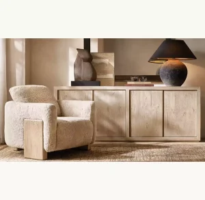 Warm Natural Oak Exposed Leg Contoured Shape Opulent Upholstery Deep Plush Cushion Shearling Chair