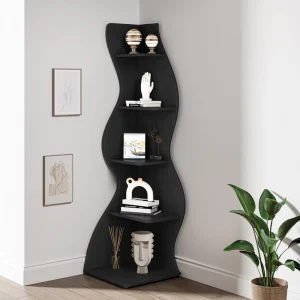 Wavy 5 Tier Corner Bookshelf Curvy Plant Display Rack for Living Room Small Space Black