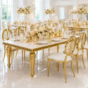 Wedding Event Golden Stainless Steel Marble Top Rectangular Dining Party Table for Wedding Party Rental Restaurant
