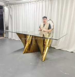 Wedding Hotel Dining Table Gold Stainless Steel White Tempered Glass Banquet Rectangular Event Tables