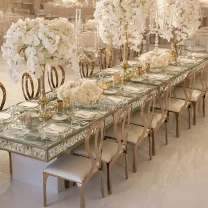 Wedding Hotel Furniture High Quality Gold Diamond Table Mirror Glass Top Rectangle Wedding Tables