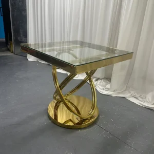 Wedding Party Small Dining Table Square Stainless Steel Frame Glass Top Wedding Cake Table