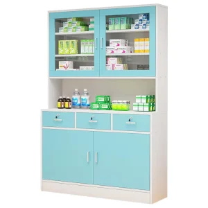 Western Medical Wooden Pharmacy Display Cabinet Modern Simple Design Wall Mount 2 Door Drawer Eco-Friendly Durable Hospital Key